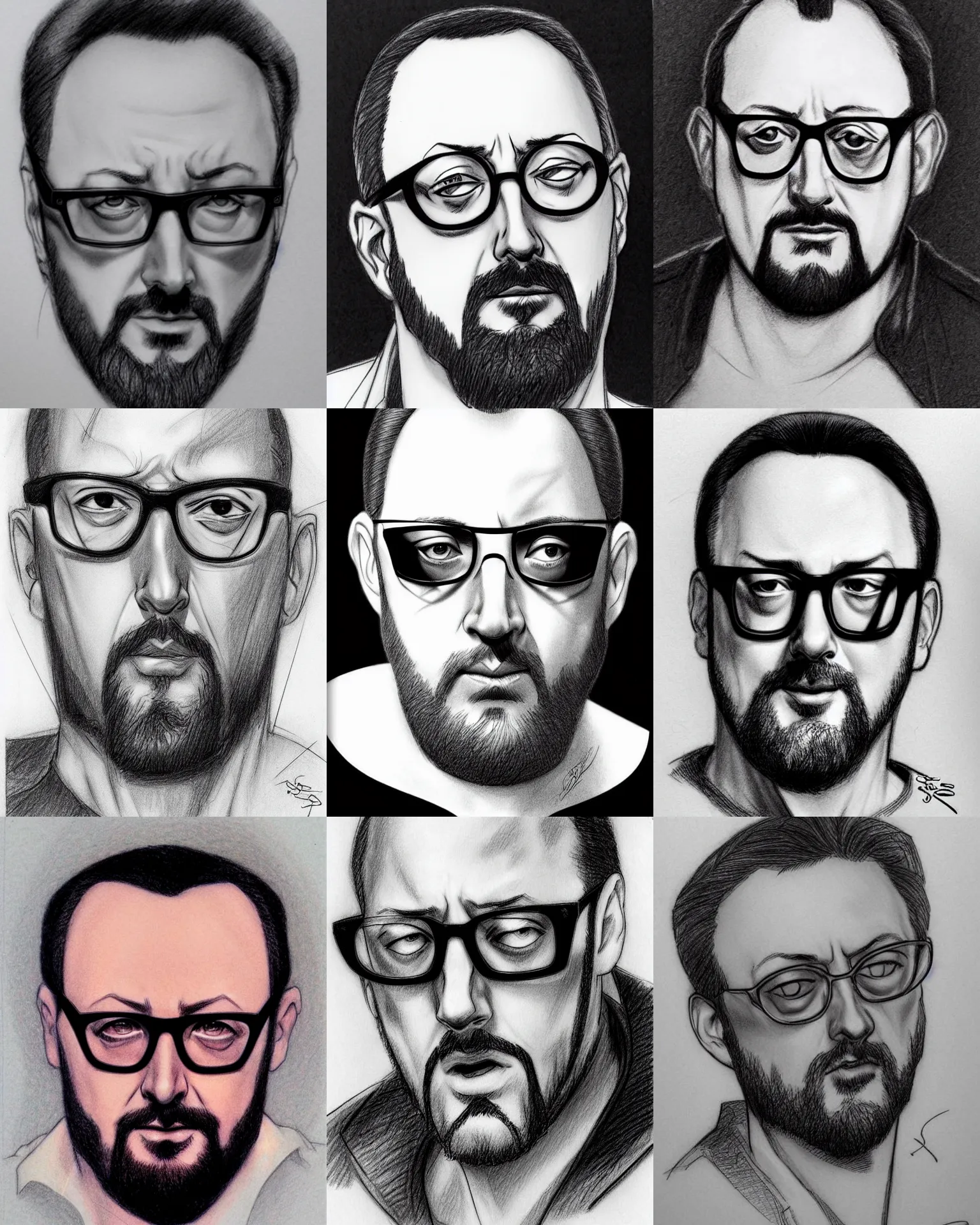 Prompt: j scott campbell!!! pencil sketch by j scott campbell close up headshot of jean reno in windsor glasses in the style of jim lee