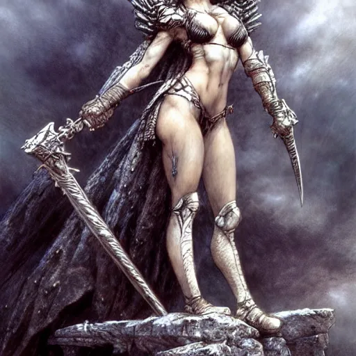 Image similar to valkyrie standing triumphantly atop a pile of bones by luis royo, epic fantasy, soft details, illustration, artstation, intricate, sharp focus, highly detailed, elegant, concept art