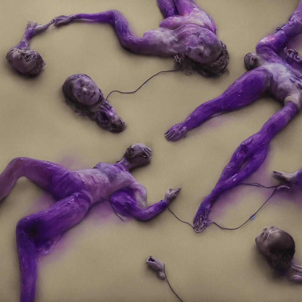 Prompt: macro of iridiscent oil spill with women corpses connected by cables and computers to wax forms to a buried baby relaxing on yoga mat, faded, iridiscent gradient, dust, purple fog, depth of field, by nadav kander and hans bellmer, 8 k, ultrarealistic, sad atmosphere, cinematic