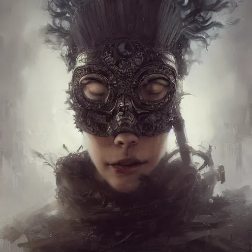 Image similar to Very very very very highly detailed epic photo of face with venetian mask, intricate, dystopian, sci-fi, extremely detailed, digital painting, artstation, concept art, smooth, sharp focus, illustration, intimidating lighting, incredible art by Greg Rutkowski and Jakub Rozalski and Artgerm and Anton Pieck