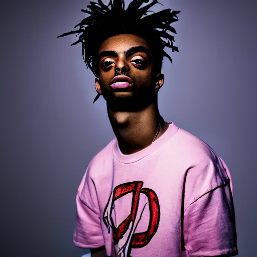 Image similar to portrait of down syndrome playboi carti sharp focus, 4 k editorial photograph, soft lighting, black background