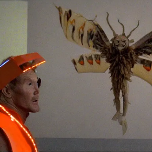 Image similar to ripped physique winged man Norm MacDonald disguised as a mothra whilst wearing a traffic cone hat darick robertson