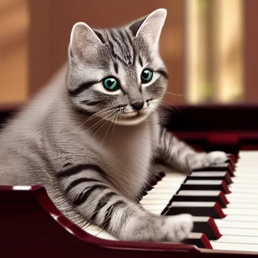 Image similar to cute cartoon cat playing the piano, highly detailed, award winning, 8 k photorealistic