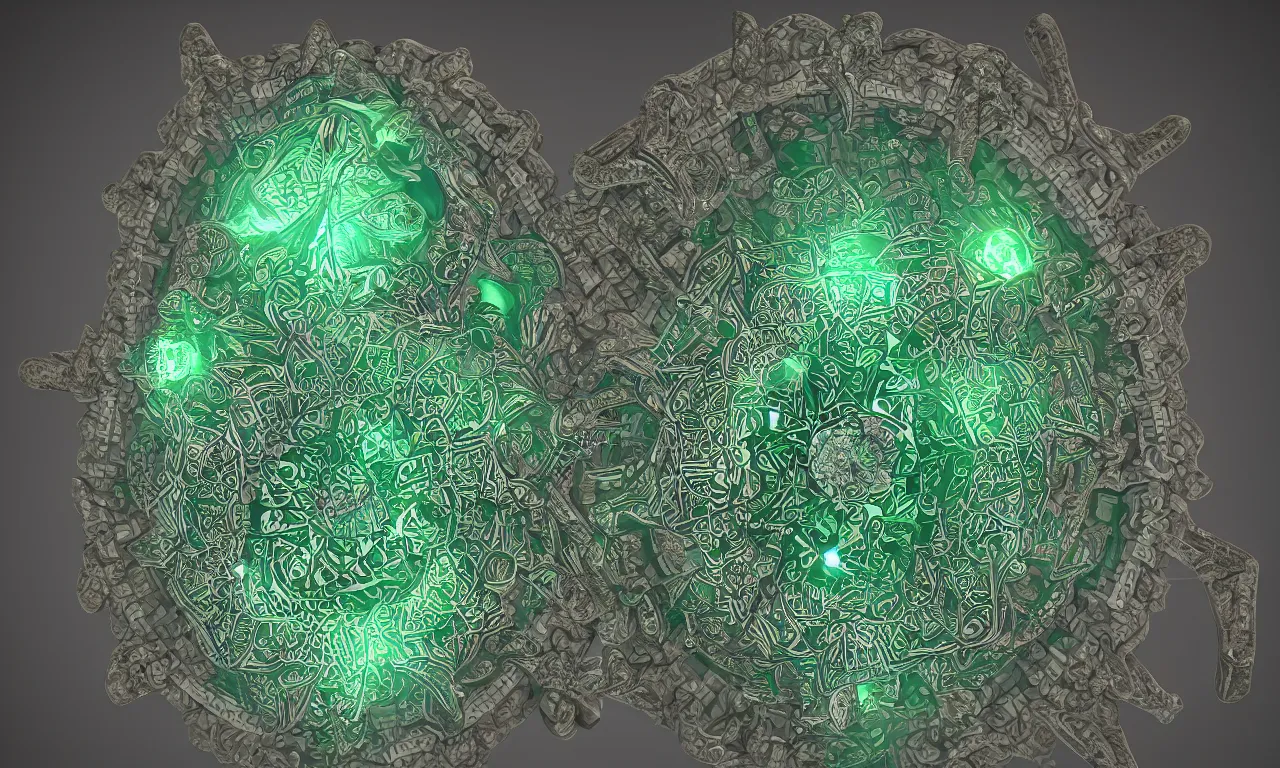 Prompt: mandrelbot 3 d volume fractal mandala ceramic chakra digital color stylized an ancient white bone and emerald gemstone relic, intricate engraving concept 3 d point lighting substance patern natural color scheme, global illumination ray tracing hdr fanart arstation by sung choi and eric pfeiffer and gabriel garza and casper konefal