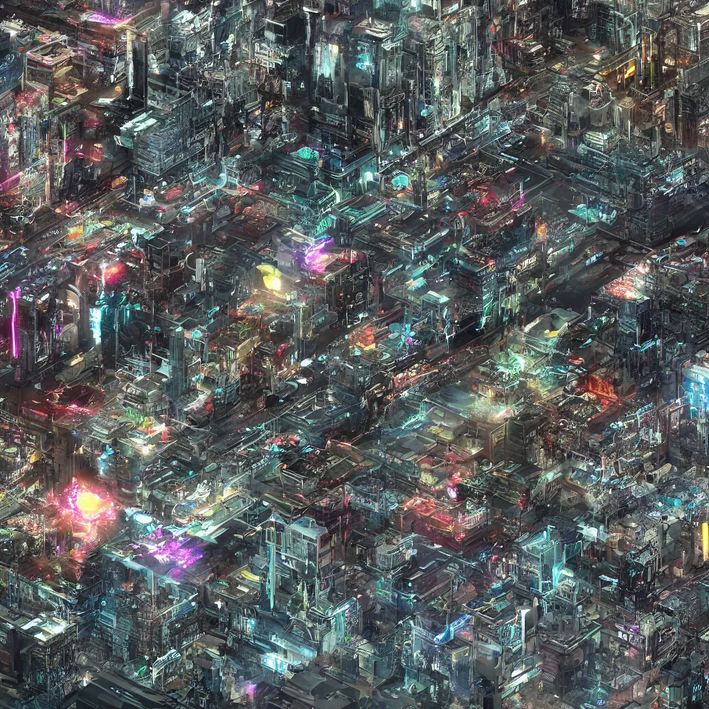 Image similar to eagle-eye view imagery of advanced future civilisation. Futurepunk Cyberpunk. Extreme zoom.