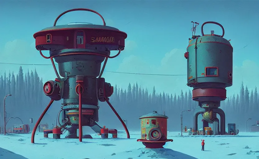 Image similar to by simon stalenhag, dead samovar, high quality details, one point perspective, denoise deep depth of field