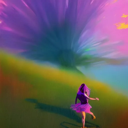 Image similar to portrait, giant purple dahlia flower head, woman running at orange beach, surreal photography, sunrise, blue sky, dramatic light, impressionist painting, digital painting, artstation, simon stalenhag