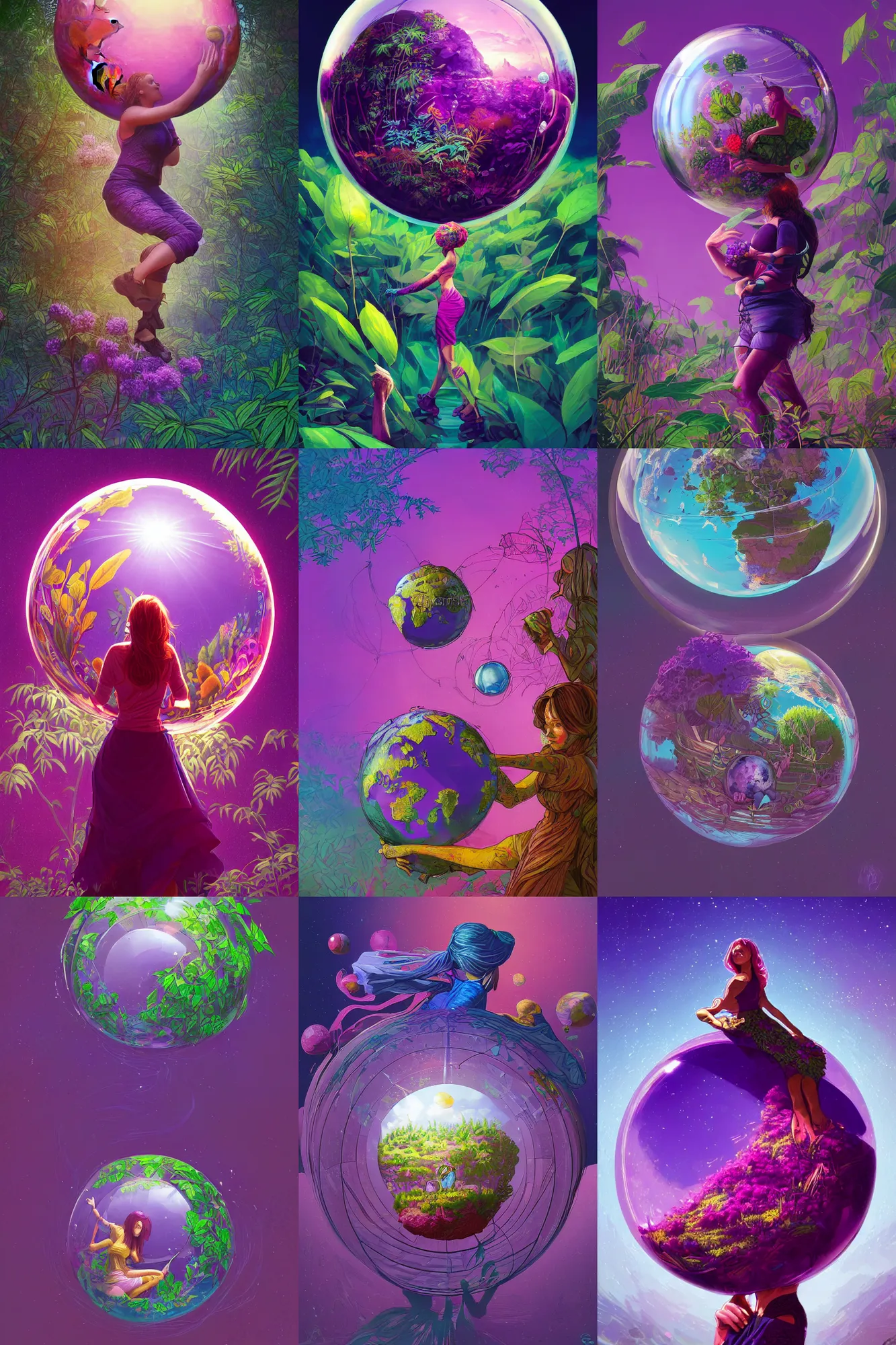 Prompt: World in Glass ball, plants, woman, violet color, highly saturated colors, detailed illustration, digital art, overdetailed art, concept art,dan mumford, Greg Rutkowski, trending on artstation