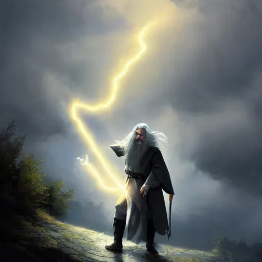 Prompt: gandalf casts a lightningbolt, dramatic light, night, thunderclouds, fantasy background, painted by stanley lau, painted by greg rutkowski, painted by stanley artgerm, digital art, trending on artstation