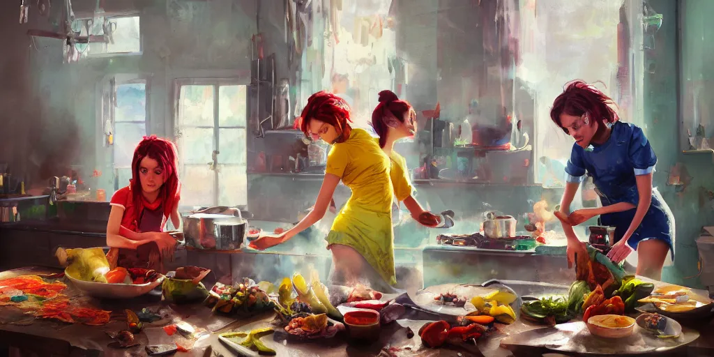 Image similar to two girls cooking, colorful, contrast, 3 d scene, greg rutkowski, zabrocki, karlkka, jayison devadas, trending on artstation, 8 k, ultra wide angle, zenith view, pincushion lens effect