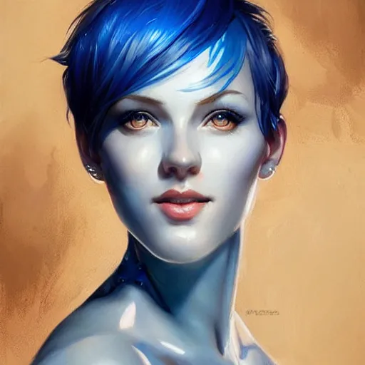 Image similar to a beautiful painting of a smiling woman with stylish short blue hair and sparkling blue eyes representative of the art style of artgerm and wlop and peter mohrbacher, portrait