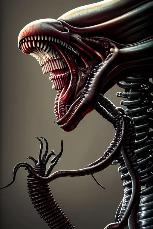 Prompt: highly detailed, industrial photography, profile view of adult xenomorph, long straight bangs, confident, illustration concept art by mark ryden, lostfish, detailed and intricate environment, 8 k resolution, hyperrealistic, octane render