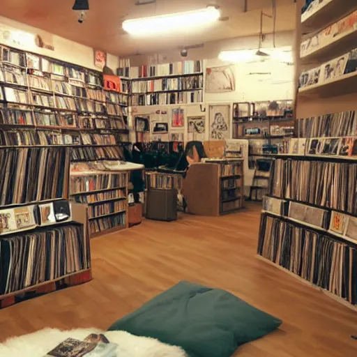 Prompt: cute cozy record store interior, vinyl records, makoto shinkai anime style, sharp