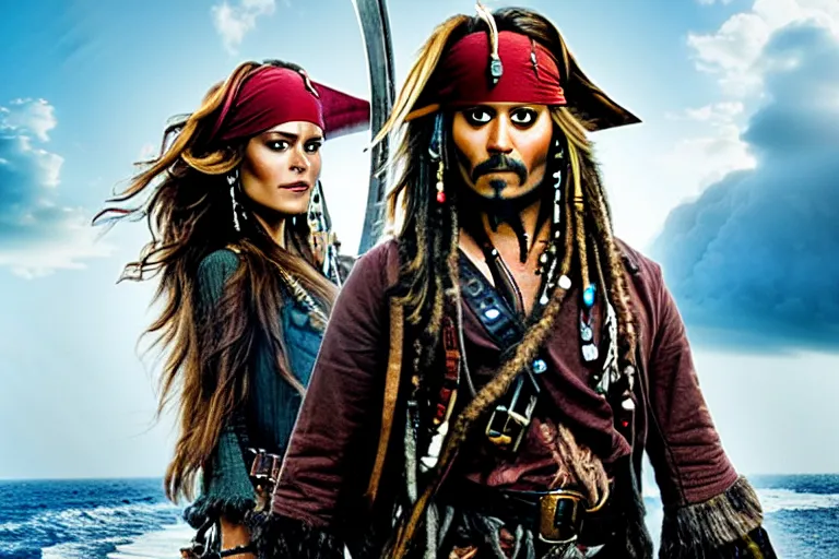 Image similar to A high quality movie still from the film Pirates of the Caribbean, starring Chewbacca as Jack Sparrow, alongside Keira Knightly