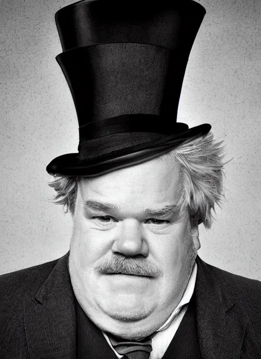 Prompt: seymour hoffman as Mayor Humdinger wearing a tophat in the style of Lee Jeffries, award-winning, detailed, Sony a7R