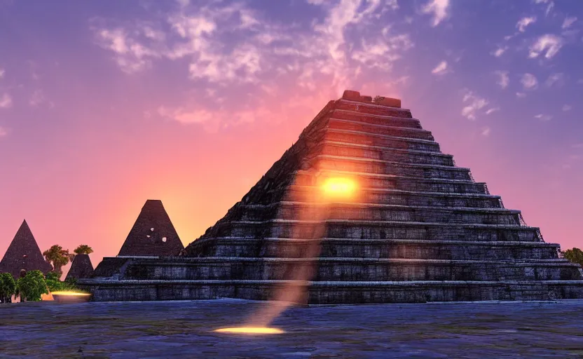 Image similar to crystal tetrahedron in the middle of an aztec temple, sunset, godrays, orange and blue sky, volumetric lighting, a high - quality render, photorealistic, unreal engine 5