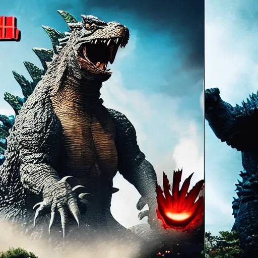 Prompt: A great battle between Godzilla and a giant Ricky Berwick.