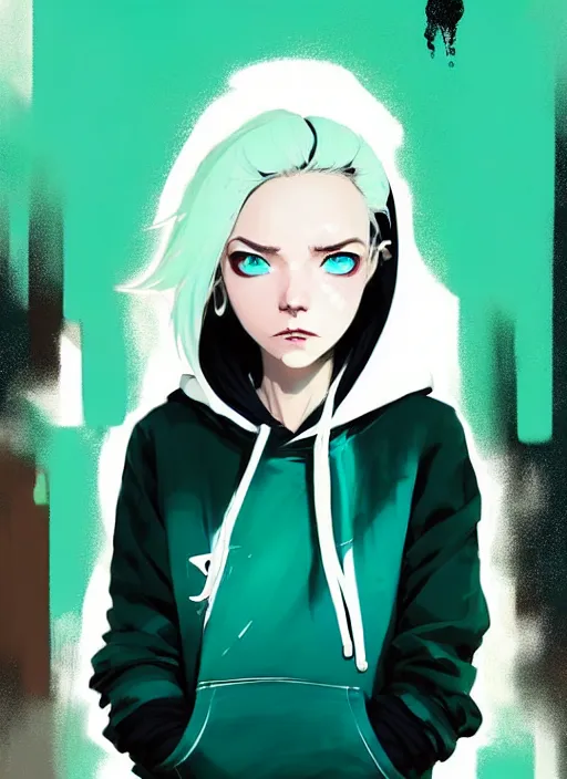 Image similar to highly detailed portrait of a urban punk lady student, blue eyes, hoodie, white hair by atey ghailan, by greg rutkowski, by greg tocchini, by james gilleard, by joe fenton, by kaethe butcher, gradient green, black, brown and teal color scheme, grunge aesthetic!!! ( ( graffiti tag wall background ) )