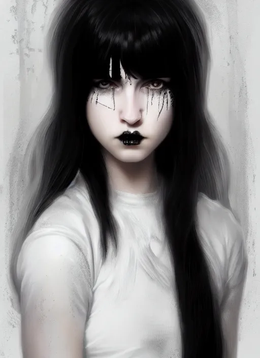 Image similar to portrait of white teenage girl, normal face, white bangs, mall goth, cyberlox, black and white hair, bangs, fluffy bangs, intricate, elegant, highly detailed, digital painting, artstation, concept art, sharp focus, smooth, illustration, art by wlop, mars ravelo and greg rutkowski