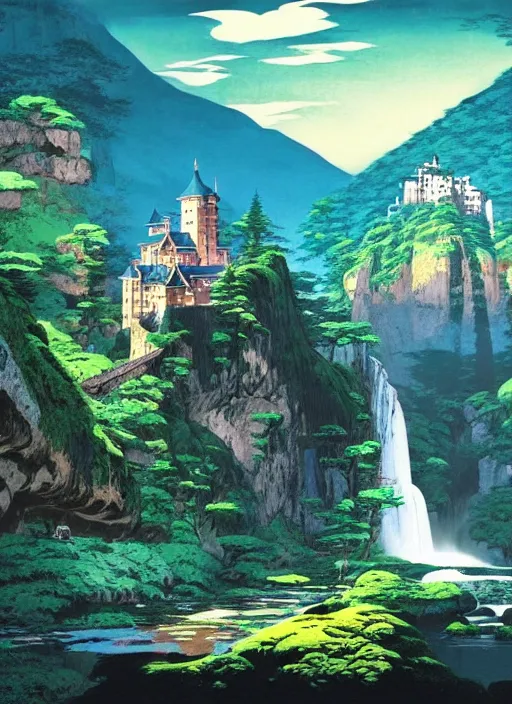 Image similar to magical castle, waterfall, river, mountain, scenery wallpaper aesthetic, lookup view, beautiful, cinematic, dramatic, super detailed and intricate, hyper realistic, by koson ohara, by darwyn cooke, by hiroshi yoshida, by kentaro miura