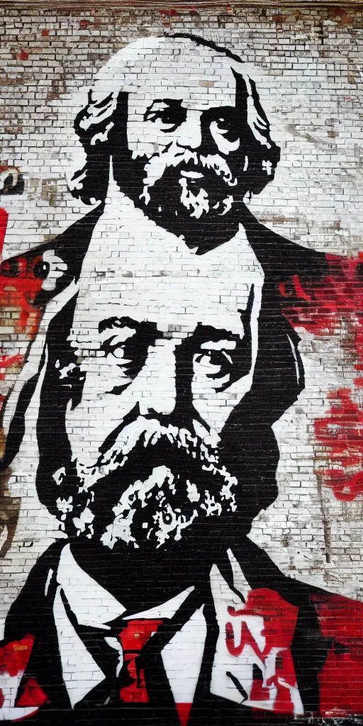 Image similar to graffiti portrait of karl marx, street art by shepard fairey and banksy