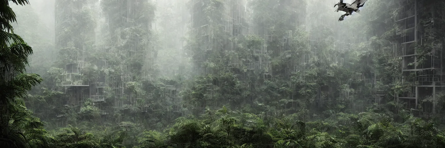 Image similar to brutalist architecture deep in the rainforest. nature is taking over. matte painting in the style of craig mullins. mist. cinematic. octane render.