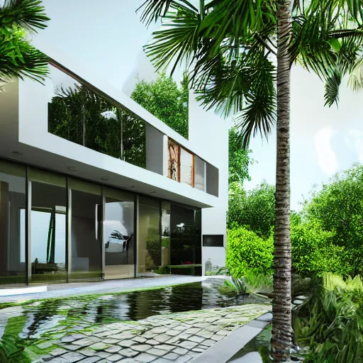 Image similar to modern house, surrounded by a lush jungle, hyper realistic, photo real, HD