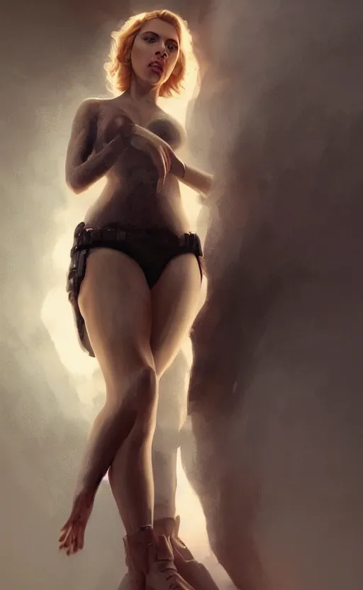 Image similar to scarlett johansson with an very long torso, possibly extra limbs, stefan kostic, artgerm, intricate, detailed, volumetric lighting, digital painting, concept art, greg rutkowski