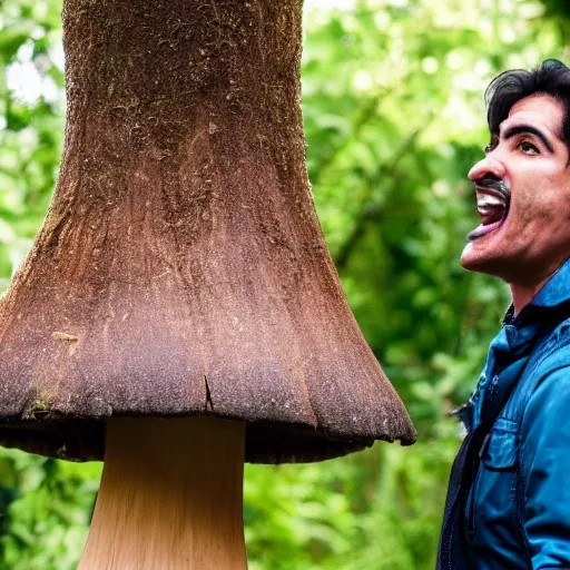 Image similar to photo of mario finding a giant mushroom, exhilarated, portrait, closeup. mouth open, 30mm, bokeh