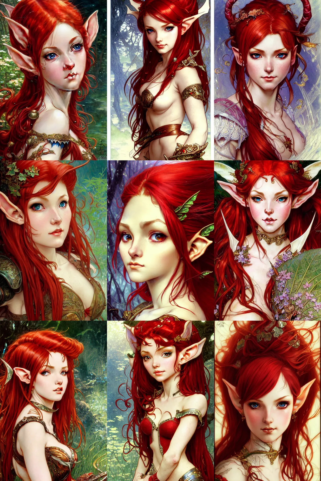 Prompt: alluring highly detailed close-up portrait of beautiful elf girl with red hair wearing a fantasy outfit, very detailed, realistic, manga, pen and ink, by Stanley Artgerm Lau, greg rutkowski, thomas kindkade, alphonse mucha, loish, norman rockwell J.