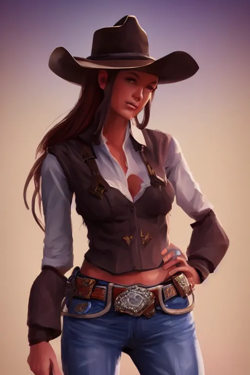 Image similar to full body, female cowgirl, perfect face, white blouse, holster, 8 k, magic the gathering, desert, d & d, artstation, high detail, smooth, sweaty character concepts by senior concept artist