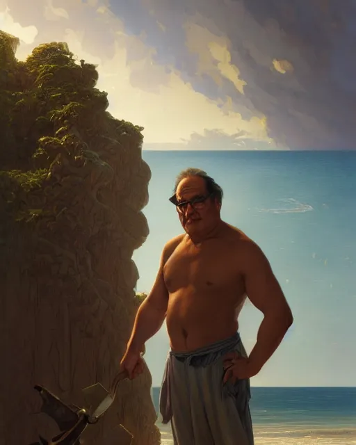 Image similar to beautiful, danny de vito standing in front of a beach, intricate, stunning, highly detailed, digital painting, artstation, concept art, smooth, sharp, focus, illustration, art by artgerm and greg rutkowski and alphonse mucha