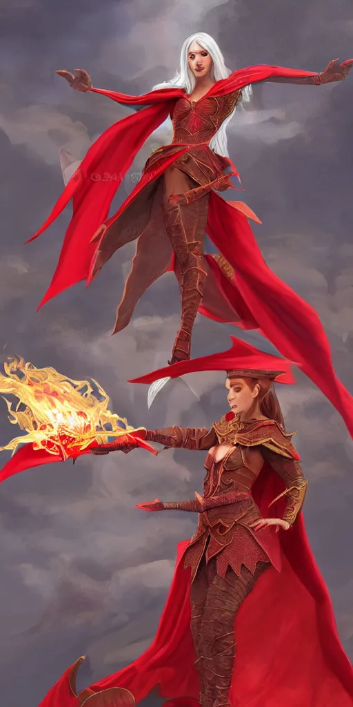 Prompt: a realistic fantasy full body illustration of a female elf mage in a scale mail and a red cape casting a fire spell in a shape of a dragon