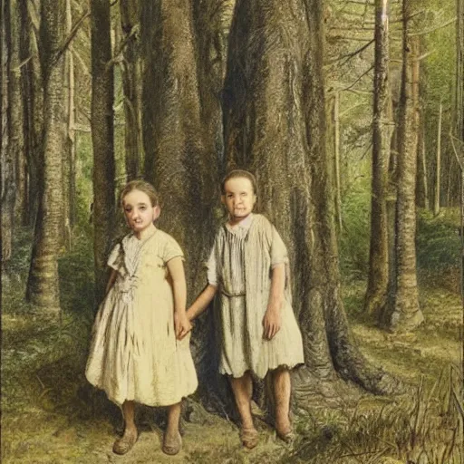 Prompt: a young, poor peasant brother and sister in the forest, wearing peasant clothing, by james gurney and ivan shiskin