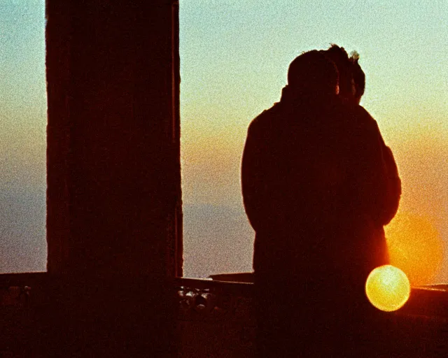 Image similar to lomo photo of pair standing on small hrushevka balcony full with cigarette smoke in small russian town looking at sunset, cinestill, bokeh