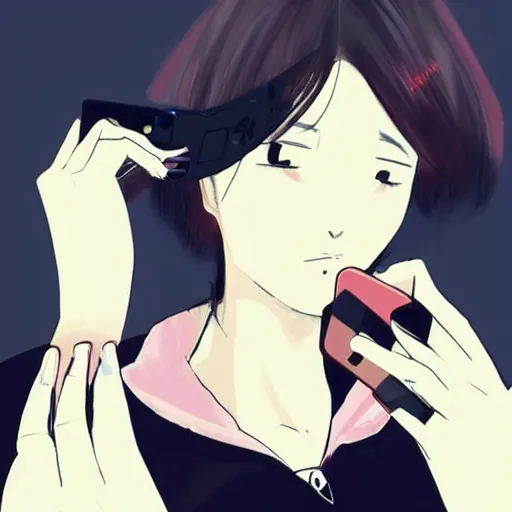 Prompt: a woman holding a cell phone up to her face, a picture by lu ji, tumblr, aestheticism, stylish, elegant, anime aesthetic