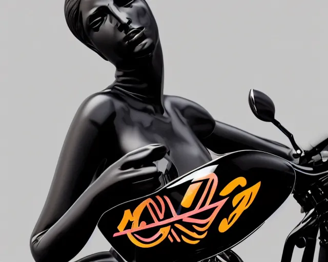 Image similar to very beautiful black marble female statue with colorful motorcycle logos in the style of matthew williams, alyx, givenchy, sharp focus, clear, detailed, cinematic, glamourous, symmetrical, vogue, editorial