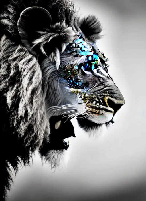 Image similar to lion and lioness black and white portrait white sky in background