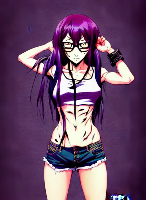 Image similar to style of madhouse studio anime, rei hiroe black lagoon manga, loish, artgerm, joshua middleton comic art, portrait of revy from black lagoon, purple hair, symmetrical eyes and symmetrical face, jean shorts, white tank top, waist up, sarcastic evil smirk on face, sky and ocean background