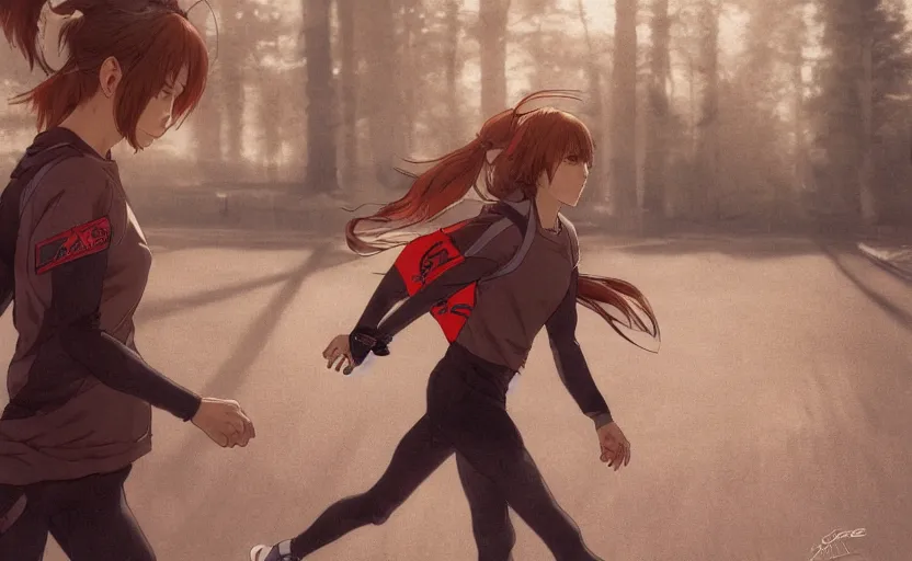 Image similar to a girl is running, red sport clothing, marathon, anime style, brown short hair, hair down, symmetrical facial features, from arknights, hyper realistic, rule of thirds, extreme detail, detailed 4 k drawing, safebooru, realistic lighting, by alphonse mucha, greg rutkowski, backlit