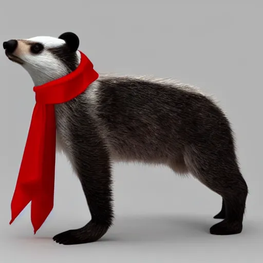 Image similar to a humanoid upright friendly badger walking on white background towards the camera, he‘s wearing a red neckerchief, clean digital render