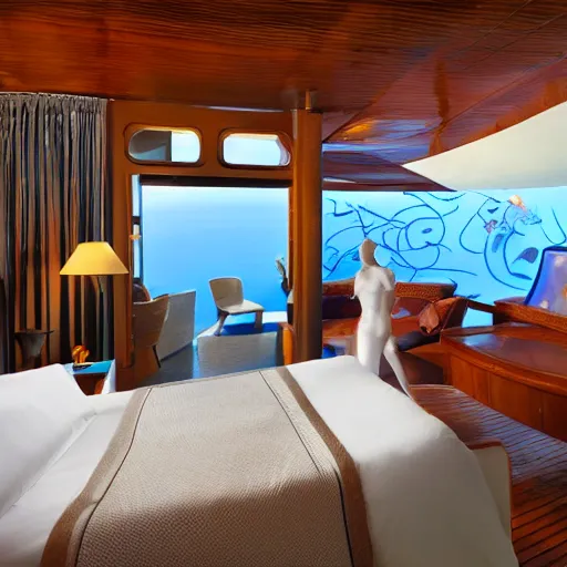 Prompt: bedroom at extremely expensive underwater hotel in the caribbean. high - fashion boutique hotel. portholes. a small leak. detailed beautiful photography.