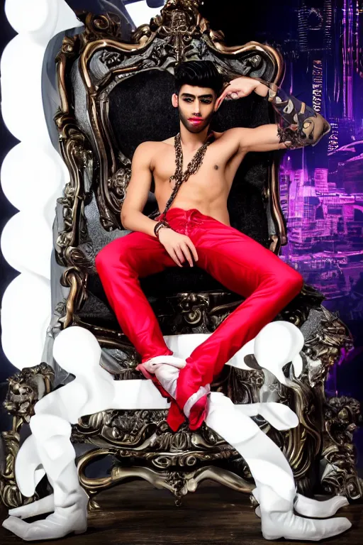 Image similar to full-body rococo and cyberpunk style neon statue of a muscular attractive Zayn Malik sim roupa macho dotado e rico android sim roupa reclining con las piernas abiertas e la piroca dura e afuera, glowing white laser eyes, prince crown of red gears, diamonds, swirling black-colored silk fabric. futuristic elements. full-length view. space robots. alien skulls. intricate artwork by caravaggio. Trending on artstation, octane render, cinematic lighting from the right, hyper realism, octane render, 8k, depth of field, 3D