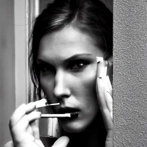 Image similar to Live Action Still of Jerma985 in a film of a beautiful model woman smoking a cigarette by the window, black and white, hyperrealistic, ultra realistic, realistic, highly detailed, epic, HD quality, 8k resolution, body and headshot, film still