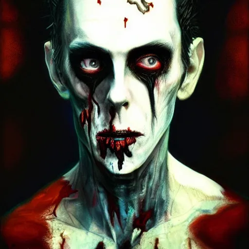 Image similar to color head portrait of young peter murphy from bauhaus as a zombie with black bat wings, 7 days to die zombie, gritty background, fine art, award winning, intricate, elegant, sharp focus, cinematic lighting, digital painting, 8 k concept art, art by michael hussar, art by brom, art by guweiz and z. w. gu, 8 k