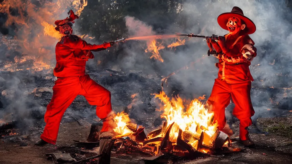 Prompt: photo of a clown using a flamethrower next to a fire. award-winning, highly-detailed, 8K