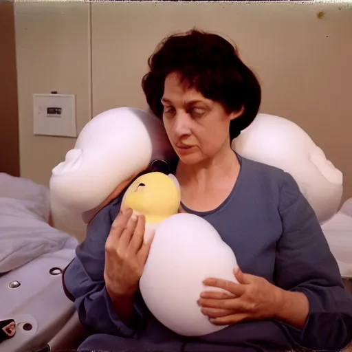 Prompt: woman who has given birth to a squishy inflatable toy, in hospital bed, French film, archival footage, technicolor film expired film, 16mm