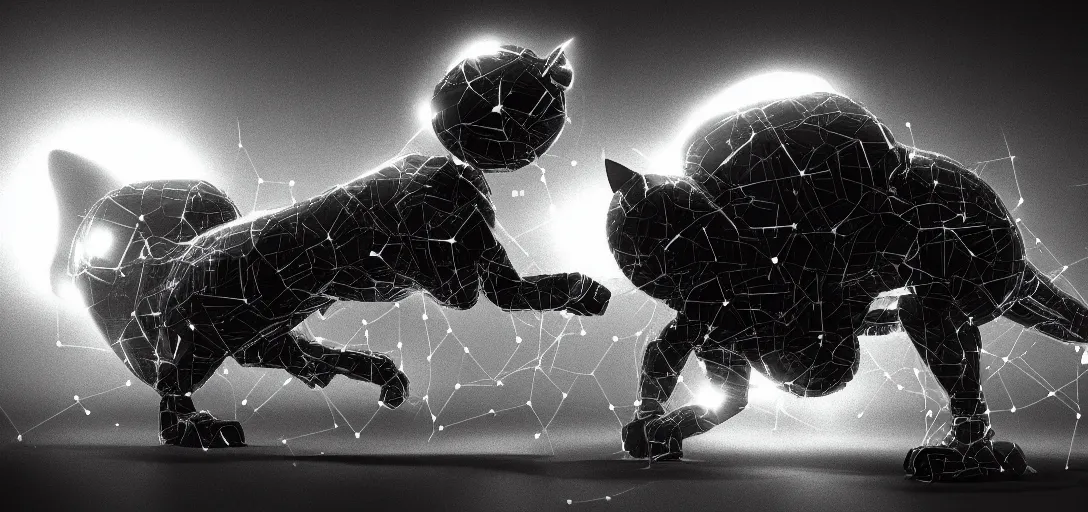 Image similar to nanobots swarm forming shapes of a cyborg cat and a cyborg dog, monochrome, ferroluid, hybrid, black and white artistic photo, artstation, futuristic, scifi style, atomic energy