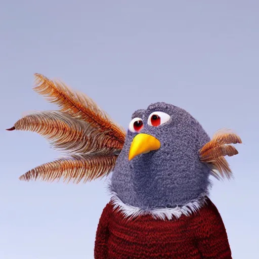 Image similar to anthropomorphic cute bird character wearing a knitted sweater, Disney Pixar, in the style of claymation, high detail, detailed feathers and fur, 3d render