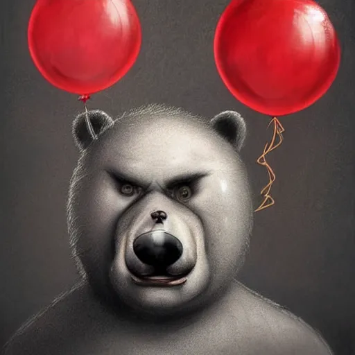 Image similar to surrealism grunge cartoon portrait sketch of a bear with a wide smile and a red balloon by - michael karcz, loony toons style, mad max style, horror theme, detailed, elegant, intricate